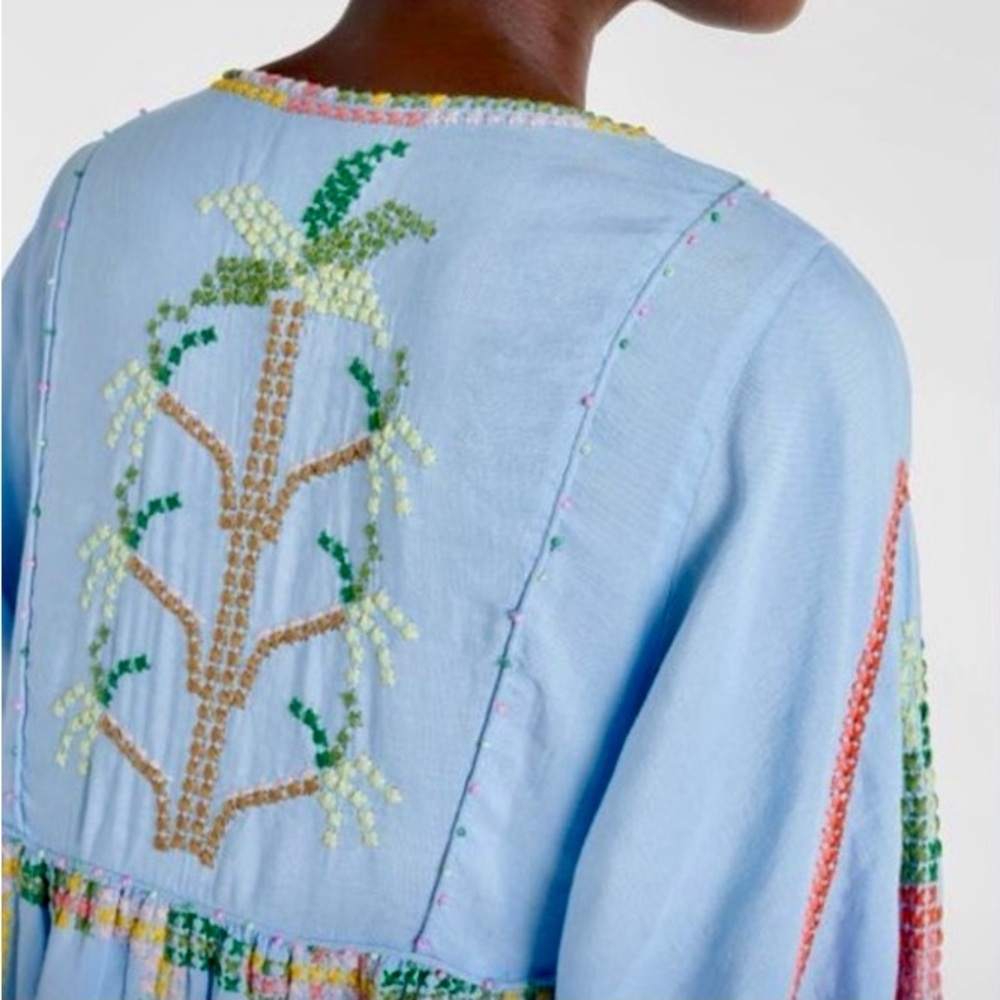 NEW FARM Rio Embroidered Pineapple Maxi Dress Beaded Tassel Linen Blue Size M - Picture 8 of 16